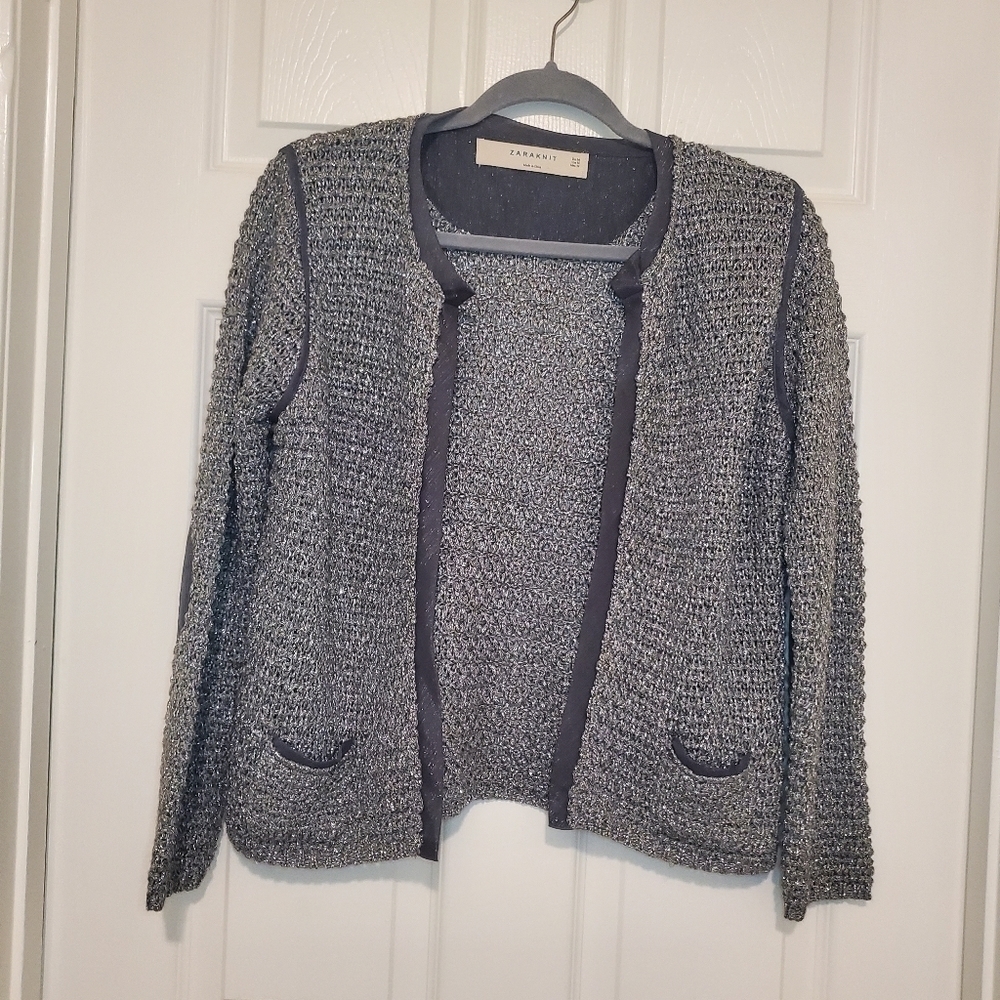 Zara Knit Open Gray Cardigan Sz M Shimmer
